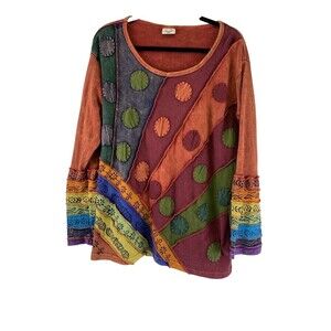 Greater Good Long Sleeve Top Multicolored Embroidered Dot Floral Scoop Neck XXL